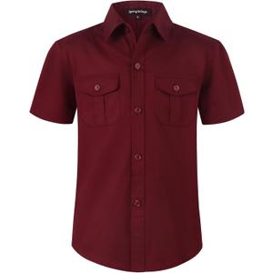 Spring&Gege Boys' Short Sleeve Button Down Shirts for Kids Woven Solid with Two Pockets (5-6 Years, Burgundy)