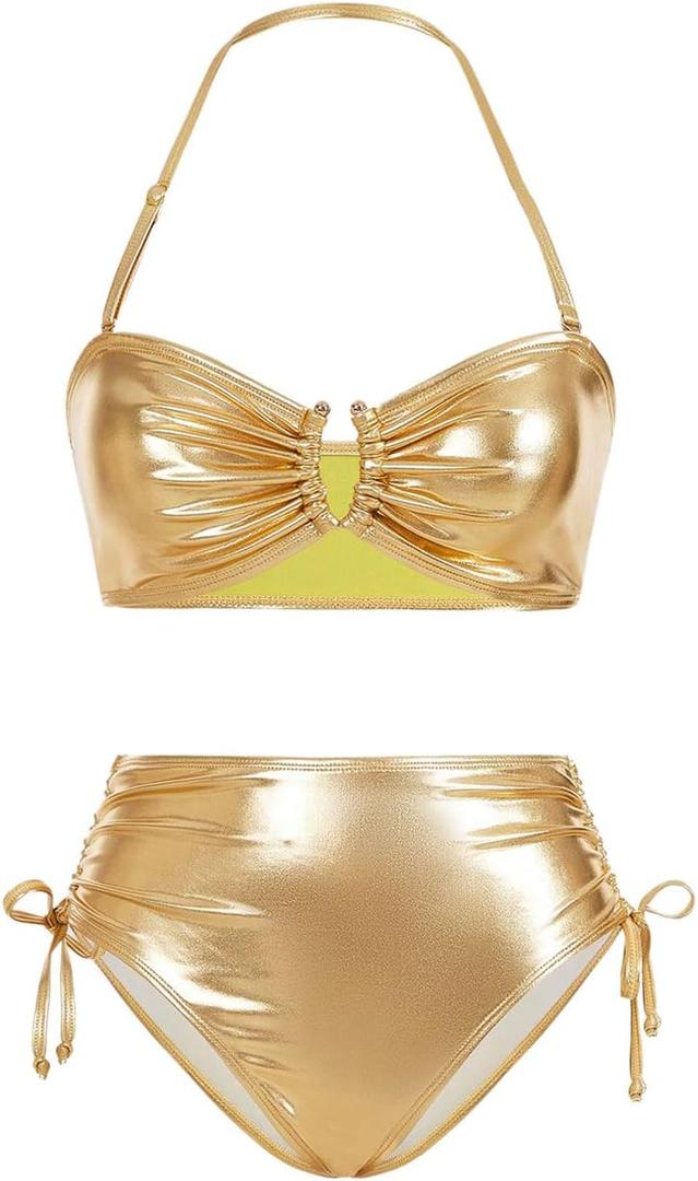 MakeMeChic Women's 2 Piece Bikini Sets Metallic High Waisted Ruched Halter Tie Side Swim Bathing Suit (Medium, Gold)
