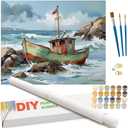 Fishing Boat Paint by Numbers Kit for Adults - DIY Rustic Boat on Rocky Shore Painting on Rolled Canvas 16x20 Inch, Acrylic Paint Set, Suitable for Beginners, Art for Home Decoration or Gifts