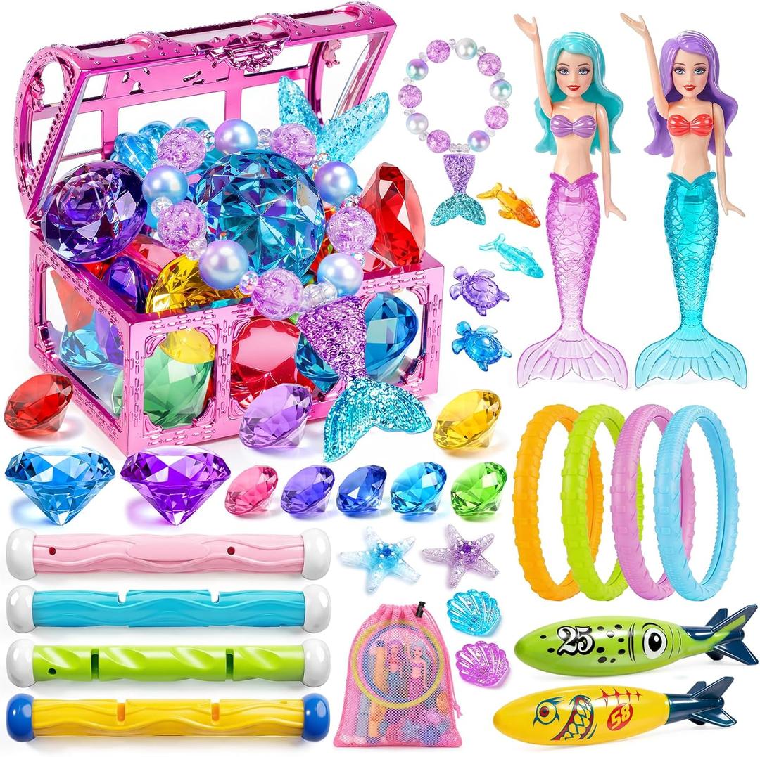 DISHIO Kids Diving Pool Toys Set with Treasure Chest, Sinking Swim Rings Sticks Sharks & Mermaid, Underwater Swimming Games Competition Toys with Bracelet Reward for Boys Girls Summer Toys
