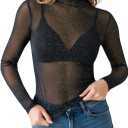 MANGOPOP Women's Glitter Mesh Top Long Sleeve Sexy See Through Sheer Stretchy Sparkly Going Out Tops (Black, XL)