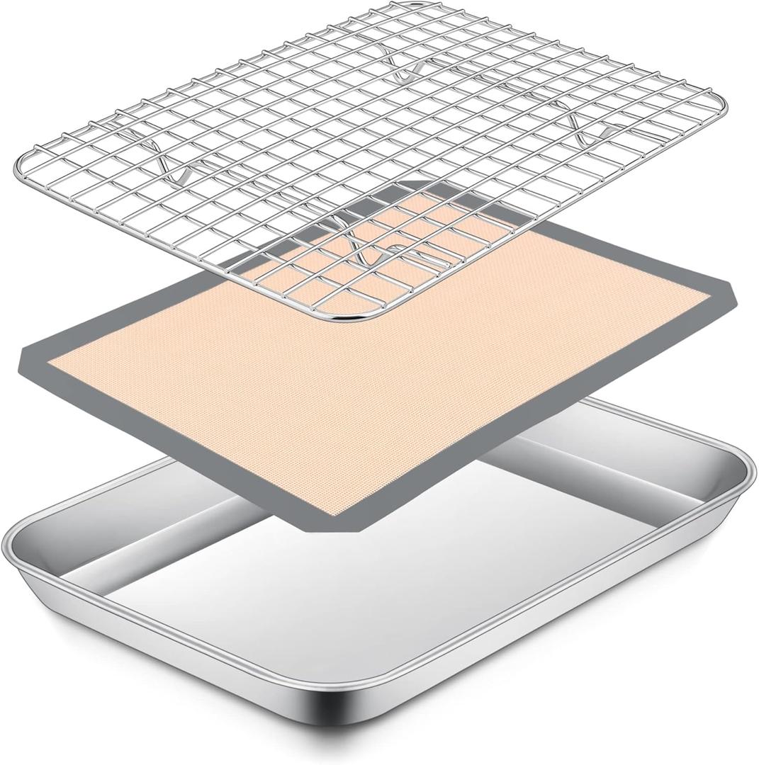 P&P CHEF 10.4 x 8 x 1 Inch Toaster Oven Pan with Grid Rack and Silicone Mat, Stainless Steel Toaster Oven Tray Baking Pan with Cooling Roasting Rack, Dishwasher Safe (3Pcs)