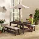 KidKraft Outdoor Wooden Table & Bench Set with Cushions and Umbrella, Kids Backyard Furniture, Espresso with Oatmeal and White Stripe Fabric, 42.25" x 22.75" x 19"