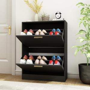 Shoe Cabinet with 2 Flip Drawers, Narrow Hidden Shoe Storage Cabinet for Entryway Slim, Black Shoe Cabinet Freestanding Shoe Organizer Rack for Entryway, Black