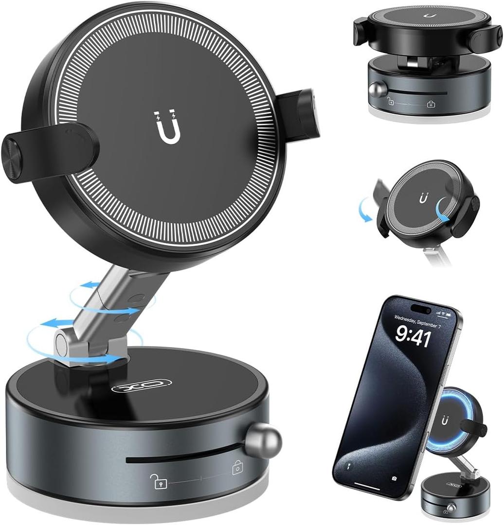 2 x 2-in-1 Clip & Vacuum Magnetic Suction Phone Holder,Upgraded 360 Adjustable Suction Cup Car Phone Mount,Hands-Free Cell Phone Holder for Car/Gym/Smooth Surface,Compatible with iPhone & Android Phones