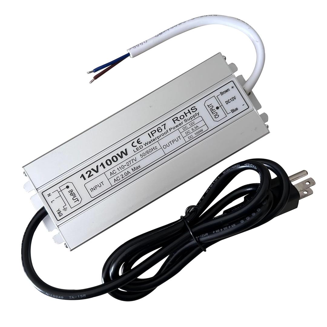 Led Driver 12V Led Transformer 100W IP67 Waterproof Power Supply Ultra Thin 0.78in 100-277V AC to 12Vdc Low Voltage Transformers with 3-Prong Plug 3.3 Feet Cable Indoor Outdoor LED Light