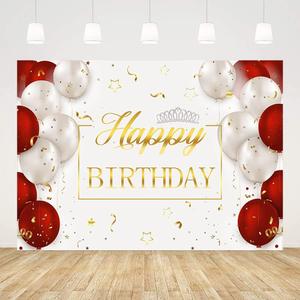 7x5ft Gold Happy Birthday Backdrop Red White Balloons Silver Crown Photography Background Birthday Party Decorations Cake Table Baner Wall Decor Props Vinyl Fabric