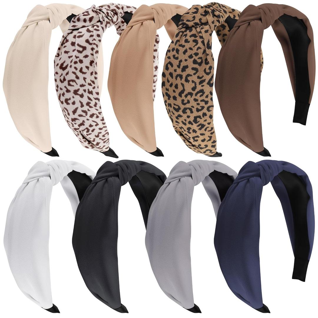 Funtopia Headbands for Women, 9pcs Fashion Knotted Headband Leopard Print Knot Hairband, Cute Wide Headbands for Women Girls Hair Accessories Set(Brown Black White)