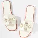 Verdusa Women's Flat Sandals Pearl Sandals Square Toe Summer Slip On Flat Shoes (White)