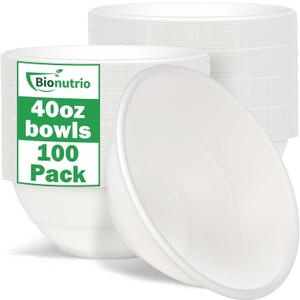 40oz Large Paper Bowls Disposable, 100 Pack Heavy Duty, Compostable White Sugarcane Bowls For Cereal, Salads, Hot & Cold Food