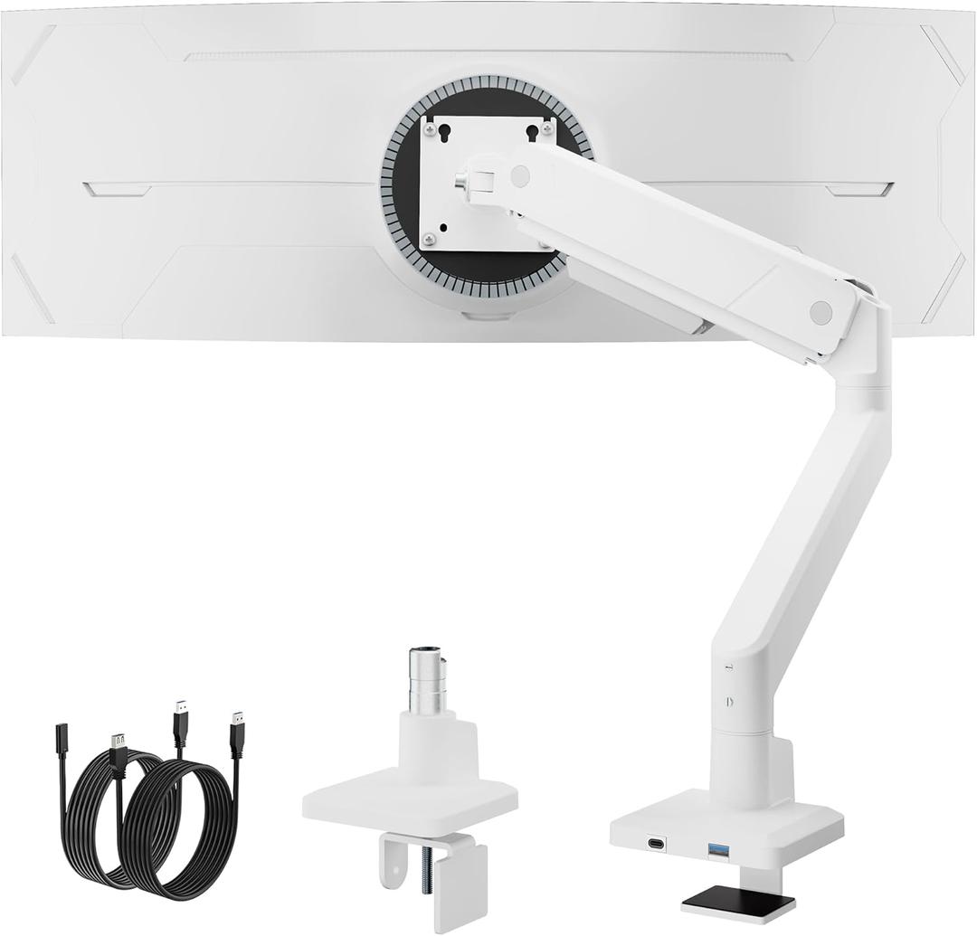MonTEK Single Monitor Arm with USB for Max 45 Inch Ultrawide Screens Adjustable Monitor Desk Mount Holds 35 Lbs Cable Management with C Clamp/Grommet Desk Mount, VESA 75/100mm (White)