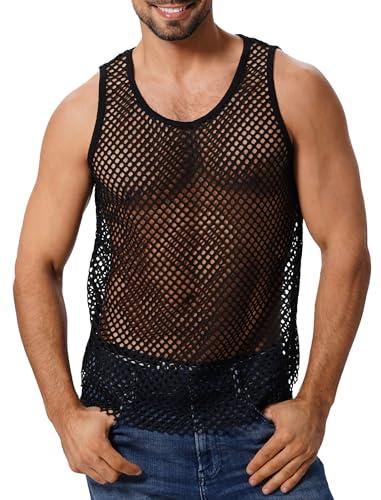 ABAFIP Men's Fishnet Mesh Tank Top Sleeveless Sheer Shirt Gym Workout Fitted Muscle Top Undershirt Black Small