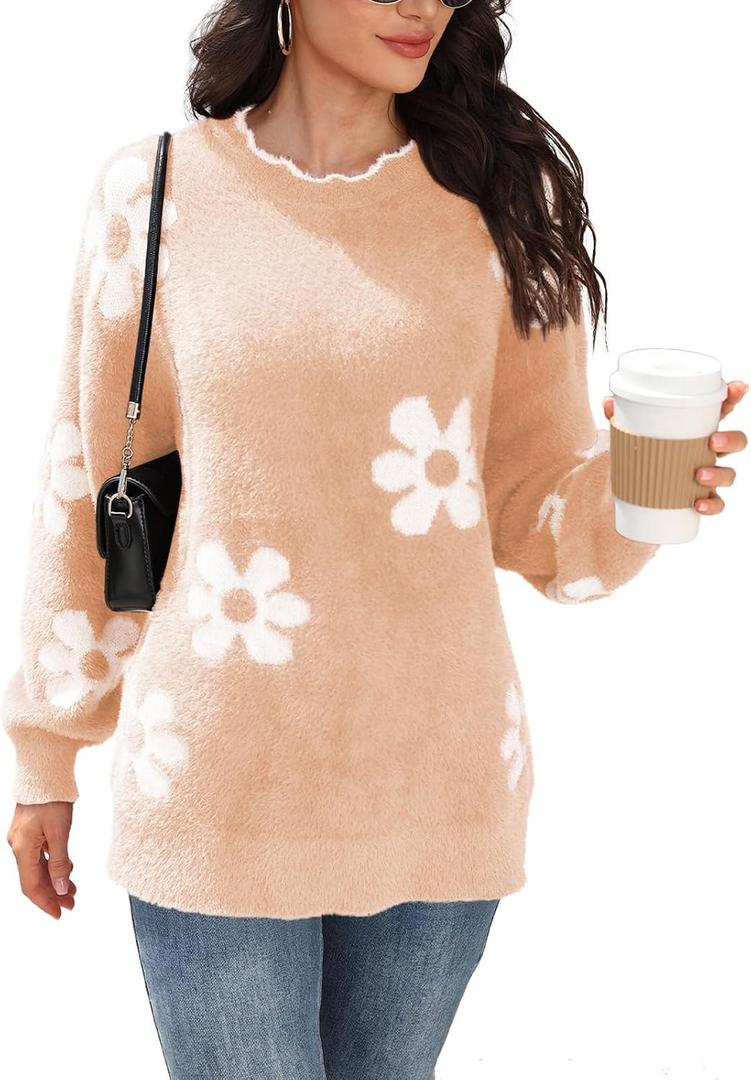Women's Oversized Fuzzy Sweaters Long Sleeve Crew Neck Knit Soft Pullover Chunky Casual Fall Loose Jumper Top (Pink, XL)