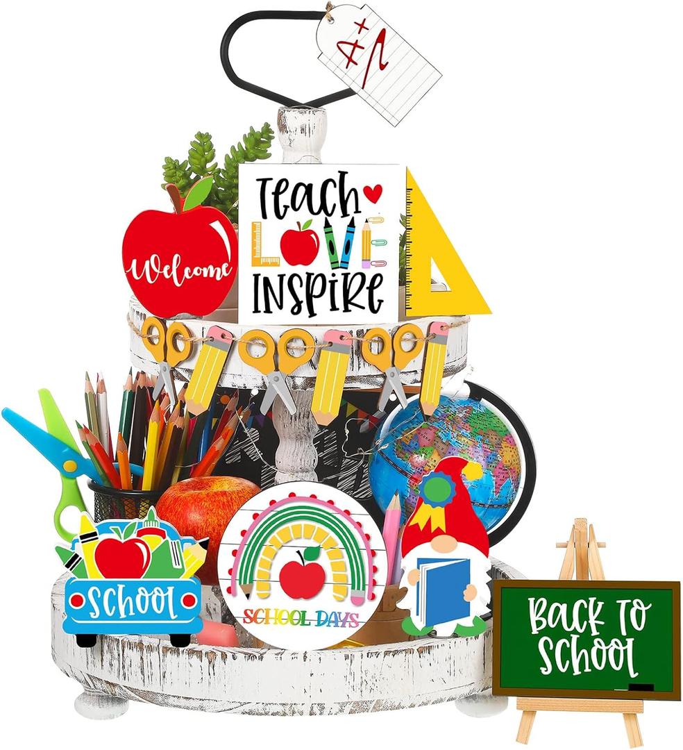15 Pcs Back to School Tiered Tray Decor Teacher Appreciation Wood Signs Decorative Trays Items Farmhouse Rustic Decorations Wooden Tiered Tray Set for School Home Classroom Desk