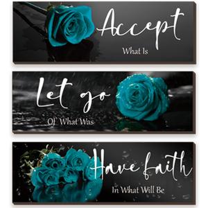 3 Pcs Teal wall decor Inspirational Teal Bathroom Decor Wooden Rose Wall Art Turquoise Office Decoration with Accept Let Go Have Faith Quotes for Girl Women Bedroom 12 x 4 Inches