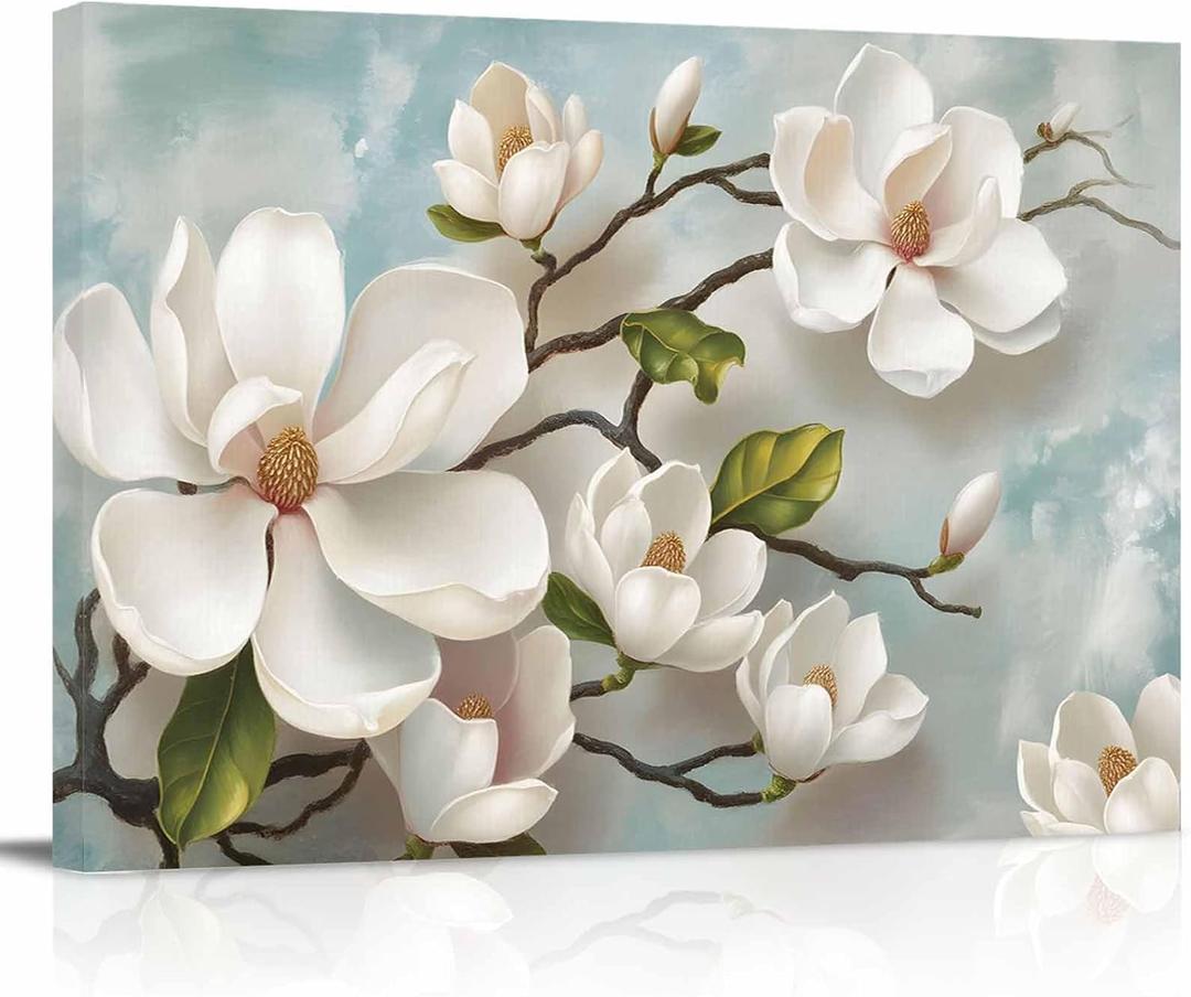 Canvas Wall Art Spring Magnolia White Flower Vintage Framed Canvas Picture Prints Wall Decor Canvas Painting Artwork Ready to Hang for Living Room Bedroom 24" x 36"