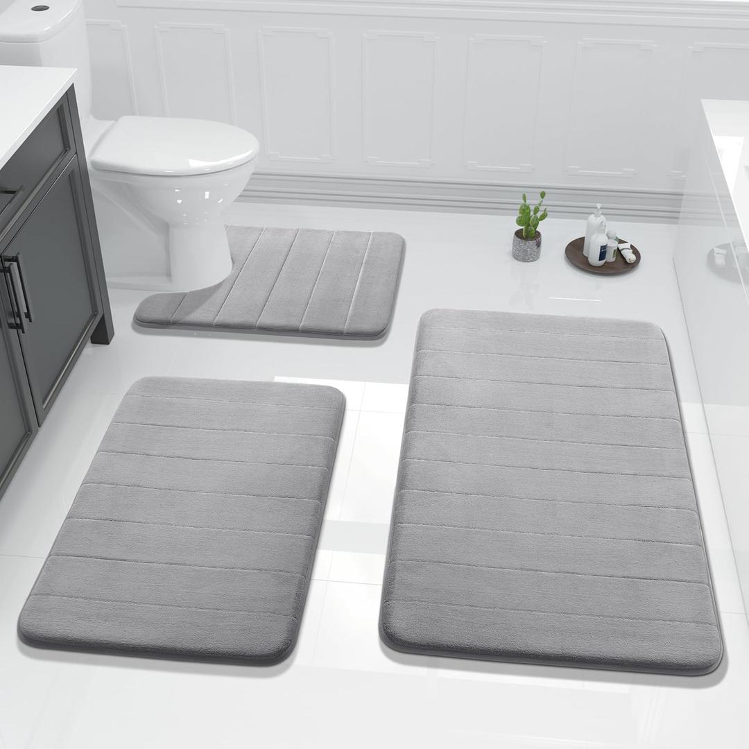 Yimobra 3 Pieces Memory Foam Bath Mat Set with U-Shaped Toilet Rug - Non Slip Super Soft Absorbent Quick Dry Bathroom Rugs for Bathtub, Vanity & Toilet Base, Gray (44''x24'' + 31.5''x20'' + 24''x20'', Grey)