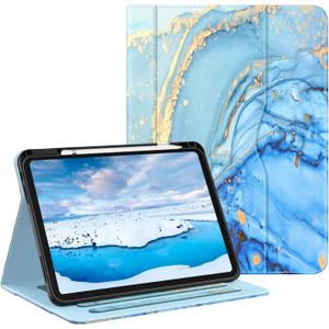 OKP Case for iPad 11-inch (A16) 2025 / 10th Generation 2022, for ipad 11th /10th 10.9 inch with Multi-Angle Viewing PU Leather Stand Cover with Pencil Holder & Pocket, Auto Sleep/Wake, Marble Blue