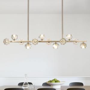 47" Linear Crystal Chandelier, 12 Lights Island Lighting Fixture for Kitchen, Brushed Nickel Modern Chandelier with Crystal Shades for Dining Room