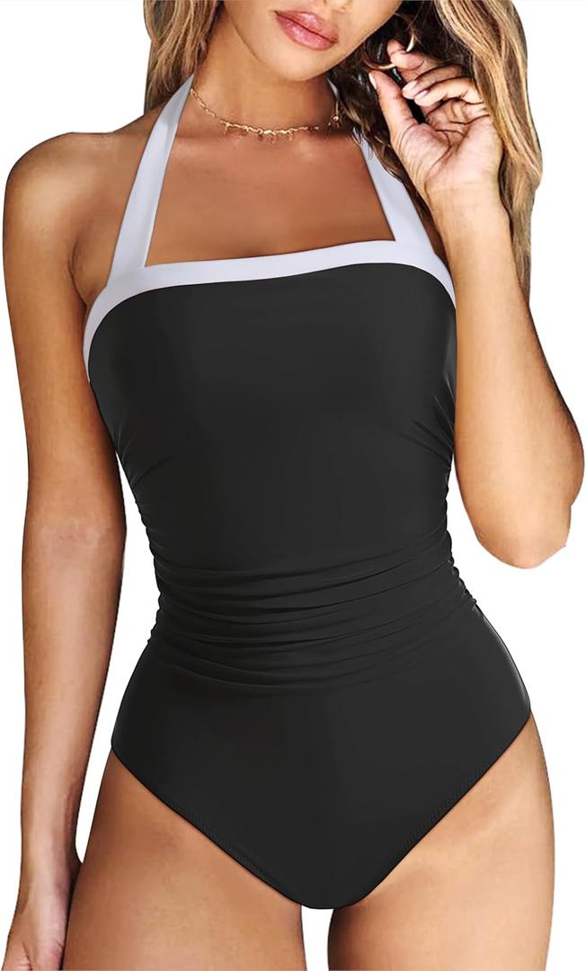 RXRXCOCO Women Retro One Piece Swimsuit Tummy Control Halter Vintage Bathing Suit (Large, Black)