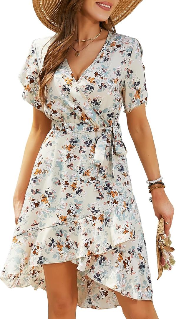 Womens Wrap V Neck Short Sleeve Dress 2025 Summer Floral Boho Dress Ruffle A Line Flowy High Low Midi Dresses (M)