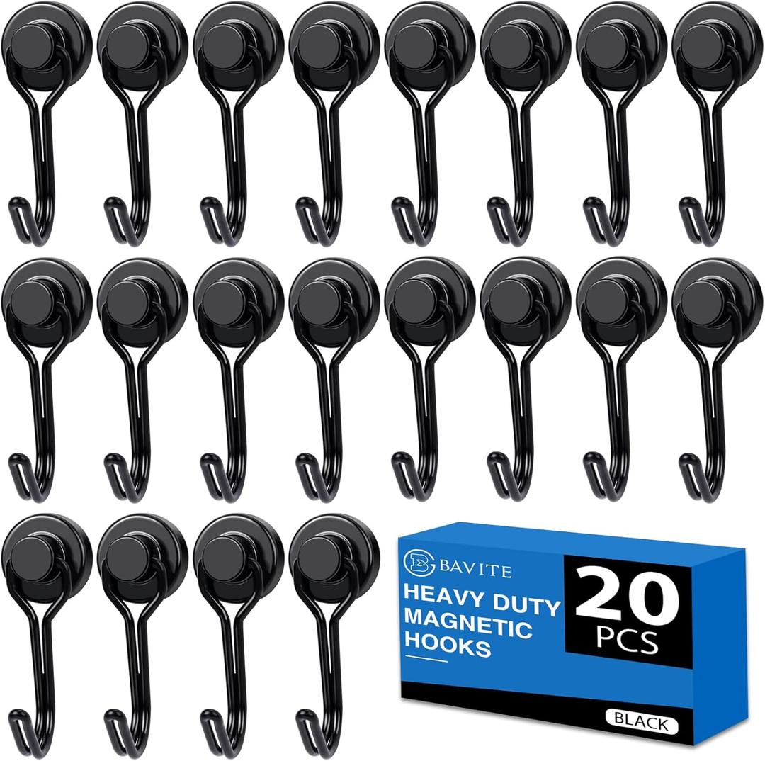 E BAVITE Swivel Swing Magnetic Hooks,30LB20pack Black Refrigerator Magnet Hook, Strong Neodymium Magnets Perfect for Refrigerator and Other Surfaces, 60mm(2.36In) in Length