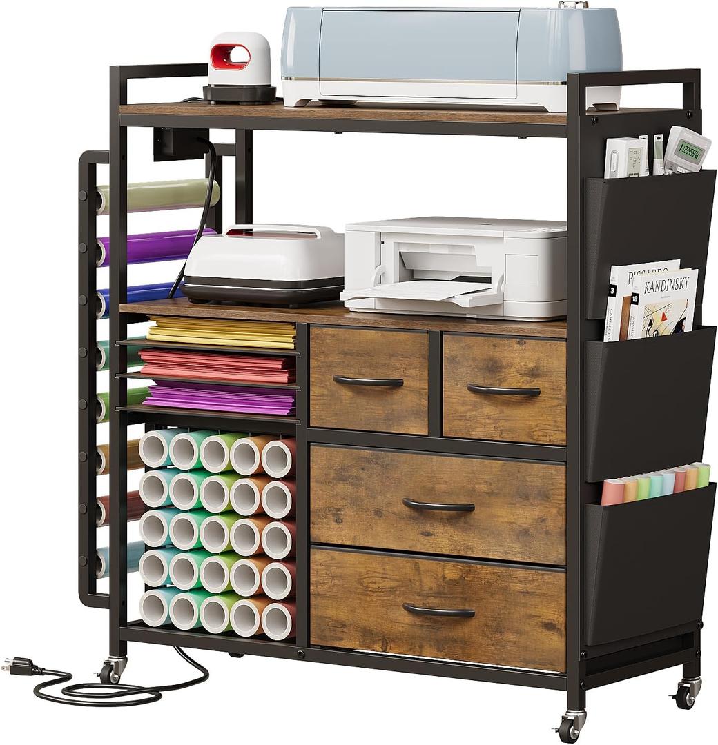 Large Craft Organizer and Storage Rolling Cart Compatible with Cricut Machine with Fabric Drawers Vinyl Roll Holder Accessories for Home Craft Workstation Room (Rustic Brown)