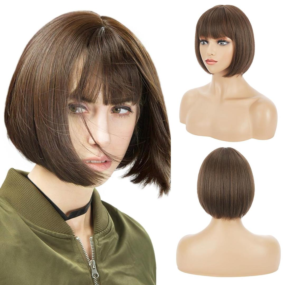 REECHO Brown Bob Wig with Bangs, 11" Short Bob Wigs Synthetic Replacement Hair Wigs for Women - Chestnut Brown