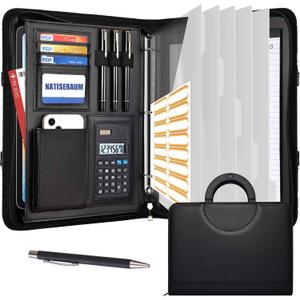 Portfolio Binder 3 Ring Includes Pen and 5 Dividers with 10 Pockets, Padfolio Organizer with Zipper for Men and Women, Includes A4 Notepad for Business, School, Work (Black + 5 Clear Protectors)