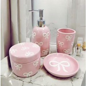 Pink Bathroom Set, 4 Pcs Ceramic Bathroom Accessory Sets - Soap Dispenser, Tumbler Toothbrush Holder, Vanity Soap Tray, Cotton Swab Jars - Pink Bathroom Decor Gift for Her (Pink)