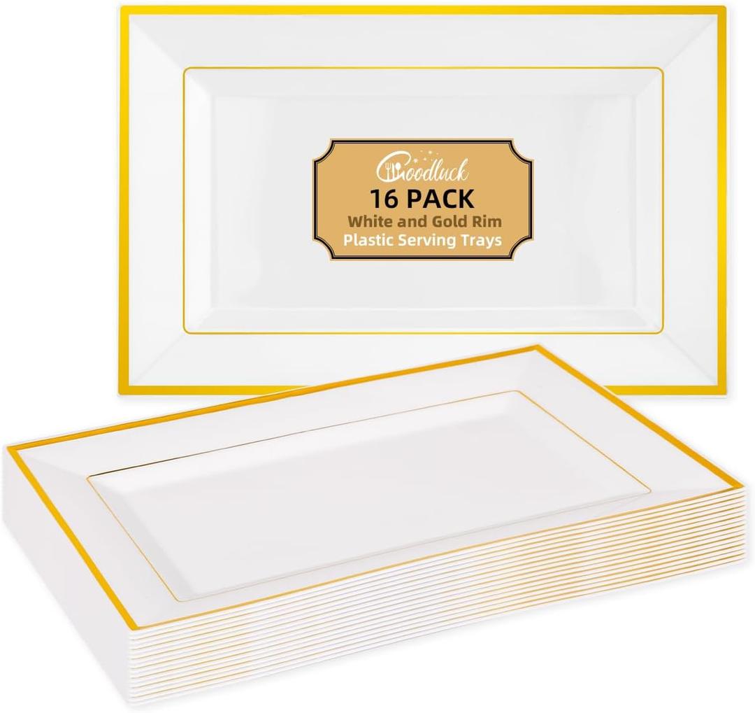 Goodluck 16 PCS Plastic Serving Trays for Party, Gold Rim Disposable Serving Platter, Plastic Tray for Food Fruit Trays for Serving for Party, 12.85 x 8 inches (White)