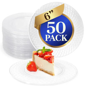 Reli. 50 Pcs Plastic Dessert Plates, Disposable (6 inch, Clear)| Small Plates for Party, Heavy Duty | Hard Plastic Dessert Platter for Cake, Wedding, Birthday, Salad/Appetizer (6")