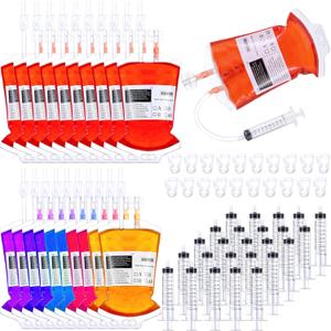20 Packs Halloween Blood Bags with 20 Pcs Syringe for Drinks Set Blood Pouches Containers Halloween Cups IV Bags Drink Pouch Dispenser Party Decorations for Vampire Zombie Theme Party Favors