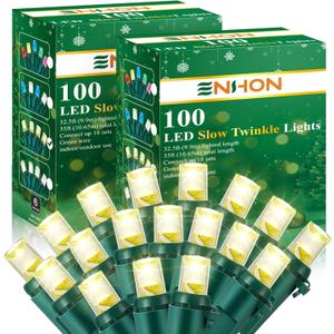 Enhon Slow Twinkling Christmas Light, 100 Lights 35 Ft Twinkle Pulsing Christmas, 5mm LED Wide Angle Soft Random Shimmering Set with Green Wire(Warm White,2 Pack)