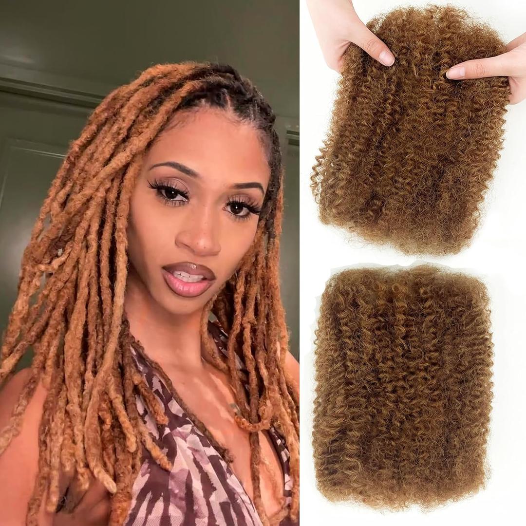 Afro Kinkys Bulk Human Hair 4C Afro Kinky Curly Bulk Human Hair Honey Brown Natural A fro Bulk for Dreadlocks, Repair Locs, 16"