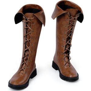 Ramede Men's Medieval Renaissance Boots Pirate Costume Viking Gothic Leather Boots High Tube Tied Shoes for Halloween Cosplay (10, Brown)