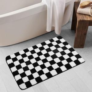 Uphome Bath Mats for Bathroom, Black and White Checkered Machine Washable Bathroom Rug Non Slip, 20x31 Water Absorbent Soft Microfiber Bathroom Mat for Tub, Shower, Floor