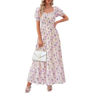 PRETTYGARDEN Women's Floral Boho Maxi Dresses Flowy Short Sleeve A Line Smocked Eyelet 2026 Summer Beach Vacation Clothes Large