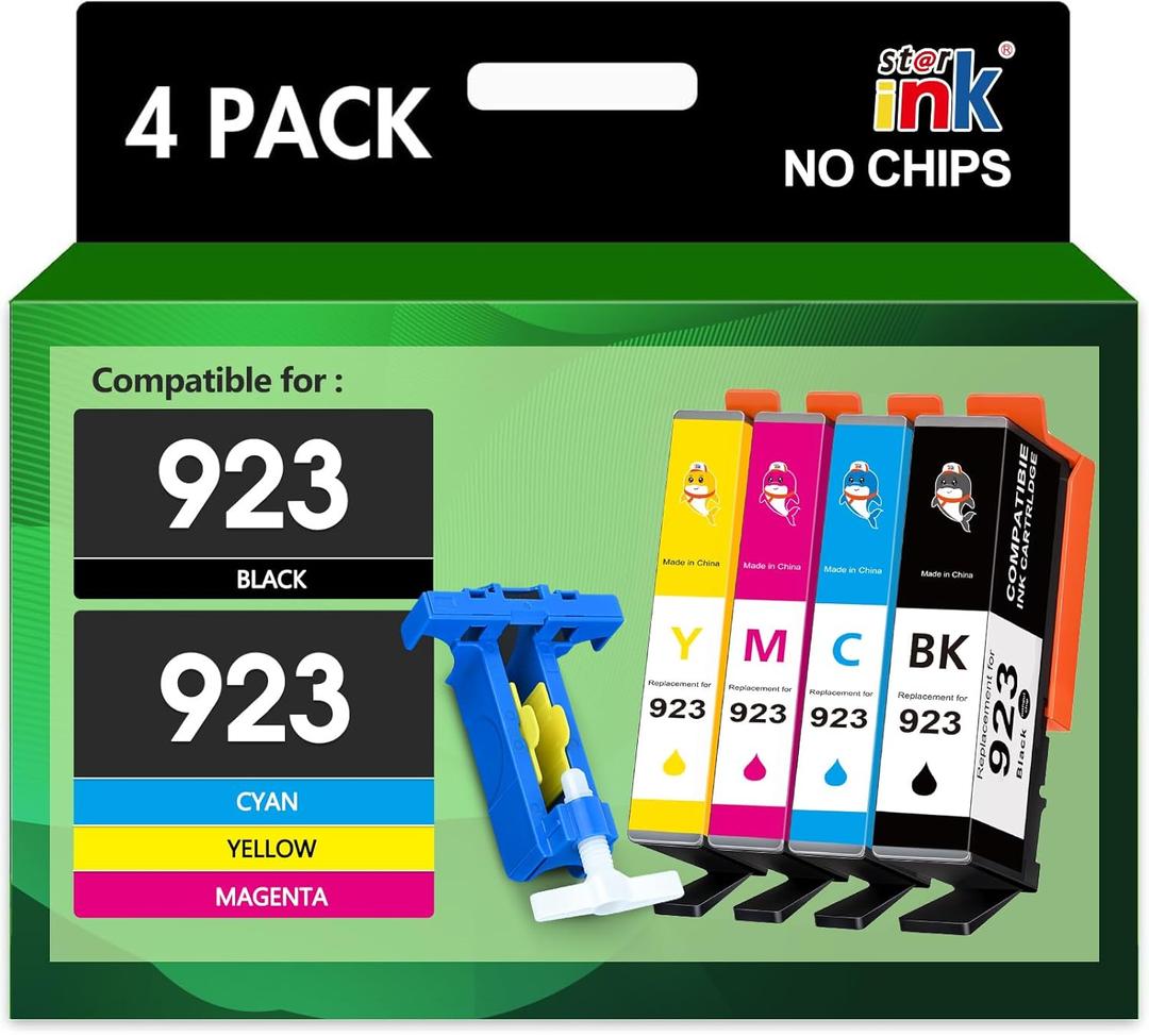 Starink 923 Ink Cartridges Combo Pack Without Chip Replacement for HP 923 Ink Cartridges Work for HP OfficeJet Pro 8130e 8135e 8138e 8139e 8122e 8130 8120 8122 8134 8135 Printer (923 black cyan magenta yellow)