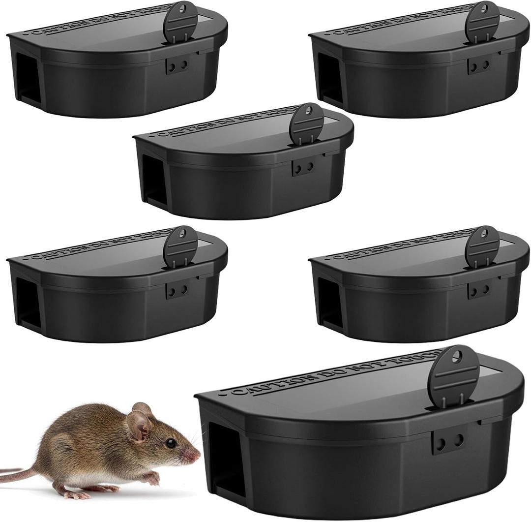 6 Pack Mouse Bait Station Rat Bait Stations Tamper Resistant Boxes with Security Key Pets & Children Safe Reusable for Indoor Outdoor Pest Control (Black)