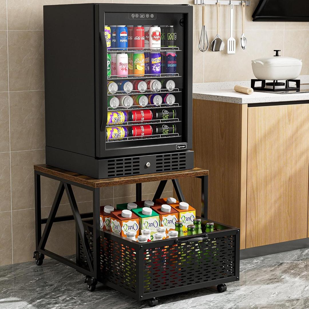 Urban Deco Mini Fridge Stand with Storage,Heavy Duty Fridge Cart with Drawer Basket,Mini Refrigerator Table for 220LBS,Mobile Fridge Stand with Swivel Wheels for Dorm,Home,Brown(Frame with Wheels), Brown-WW