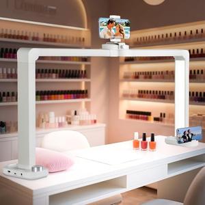 KIRKAS 34inch Large Half Moon Light for Nail Tech, 456 LEDs 3 Color Modes Infinitely Knob Arch Light with Phone Holder Charging Function, Foldable Nail Desk Lamp for Eyelash Extension, Tattoo-White