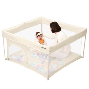 Foldable Baby Playpen 50"50", Out-of-the-Box Ready Playpen for Babies and Toddlers, Portable Play Yard with Breathable Mesh & ASTM F406 Certified (Beige)