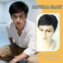 Toupee for Men Human Hair Mens Full head mask Straight hair Wig Short Straight hair Hair Fluffy Realistic Hair Wig Thin Skin Daily Party Costume Wig for Male(black) natural part