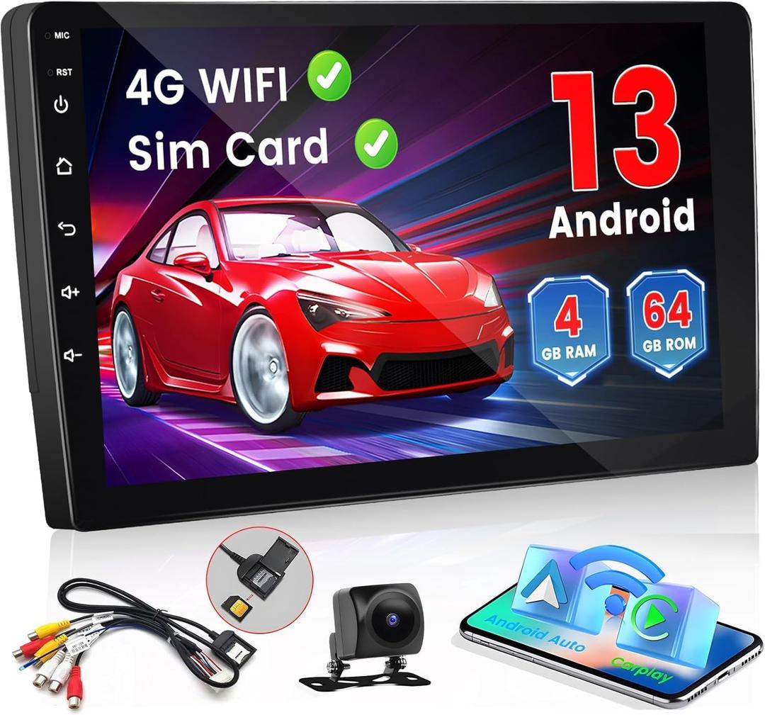 [Support SIM Card] Hikity 8 Core 4+64G Android 13 Double Din Car Stereo with Wireless Carplay Android Auto 10.1'' Touchscreen Radio WiFi GPS Bluetooth Mirror Link AM/FM/RDS, EQ DSP, Mic Backup Cam