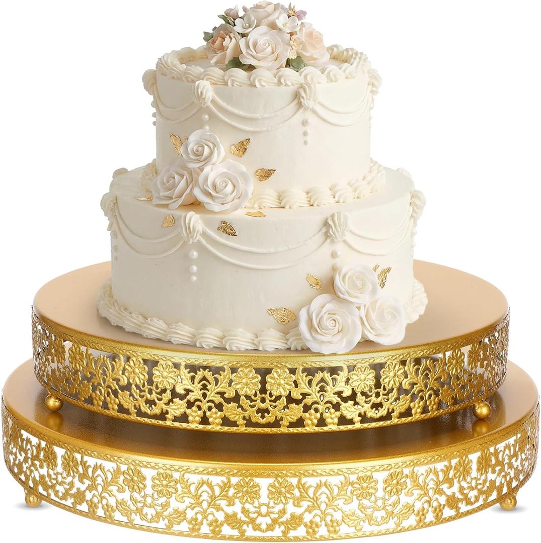 Wenqik 2 Pack Cake Stand Set, 14/16 Inch Metal Round Cupcake Dessert Stand Decorative Elegant Cake Display for Weddings Party Birthday Baby Showers Anniversary(Classic Floral,Gold)