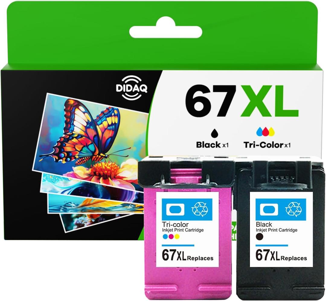 67XL Printer Ink Replacement for HP 67 Ink Cartridges Black 2 Combo Pack DeskJet 2755e 2700 4155e 2800e 2700e Envy 6055e 6000 6455e 6400 6458e Printer Ink 67 XL (Black + Tricolor, 2 Pack)