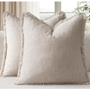 EMEMA Linen Fringe Throw Pillow Covers Set of 2 Boho Farmhouse Accent Decorative Pillowcase with Tassels for Couch Sofa Bed Living Room Home Decor 26x26 Inch,Natural Beige