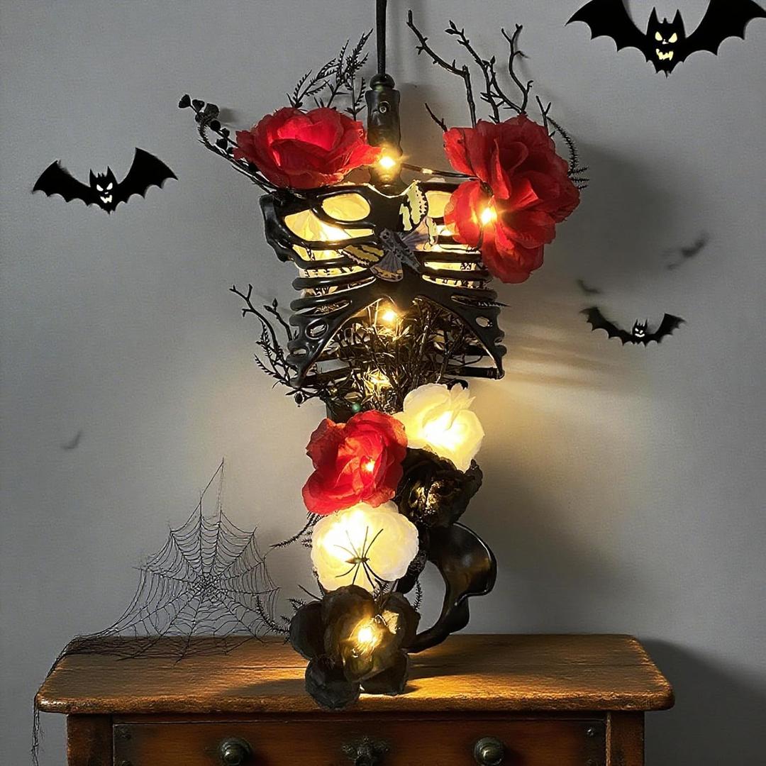 Halloween Decor, 27 Inch Gothic Wall Decor Light Up Floral Skeleton Torso for Halloween Decorations Indoor, Gothic Ribcage Art, Easy Assemble Indoor Display