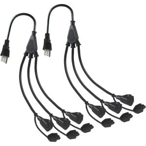 KUNCAN 3-Outlet Power Splitter Cord, 1 to 3 Way Outlet Indoor & Outdoor Use Weatherproof SJTW 16AWG 3 Prong Grounded Extension Cord with Multiple Outlets for Landscape String Lights (1.5FT 2-Pack)